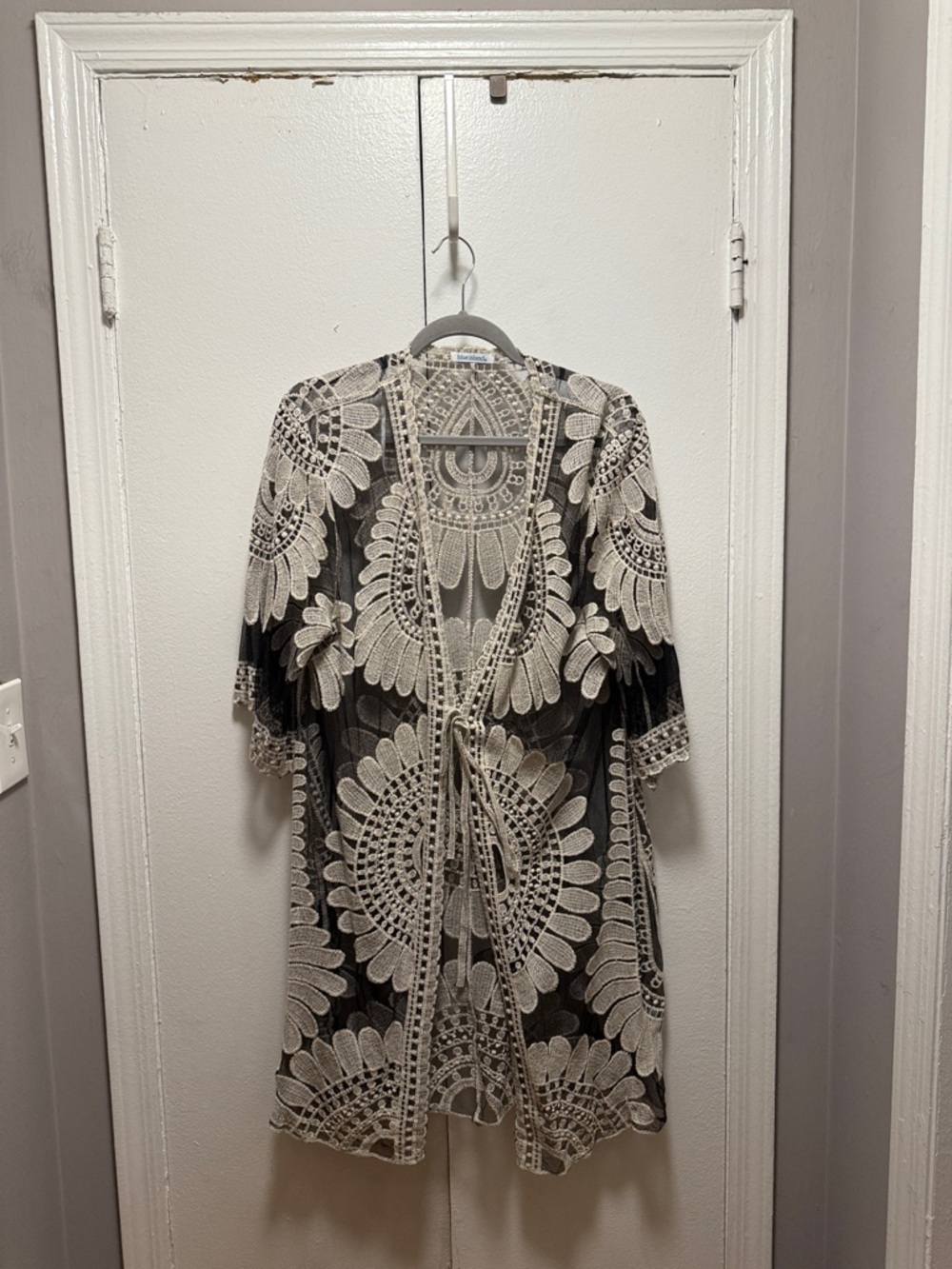 blue island Black and Cream Crochet Open-Front Overlay